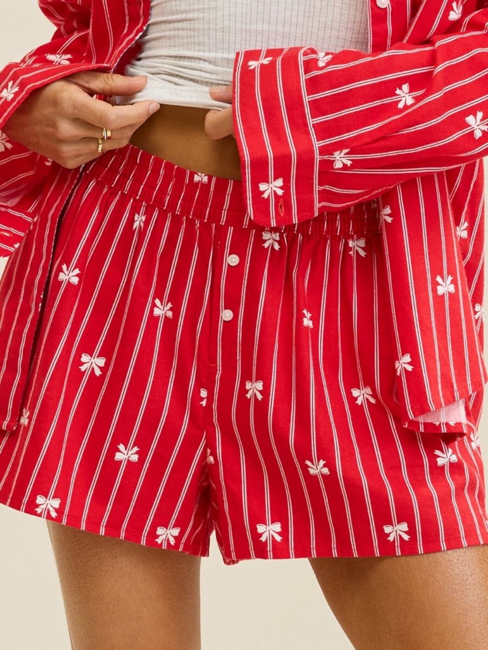 Aerie Bright Red Flannel Girl Boxers Striped with White Bow Print, NWT, Size L